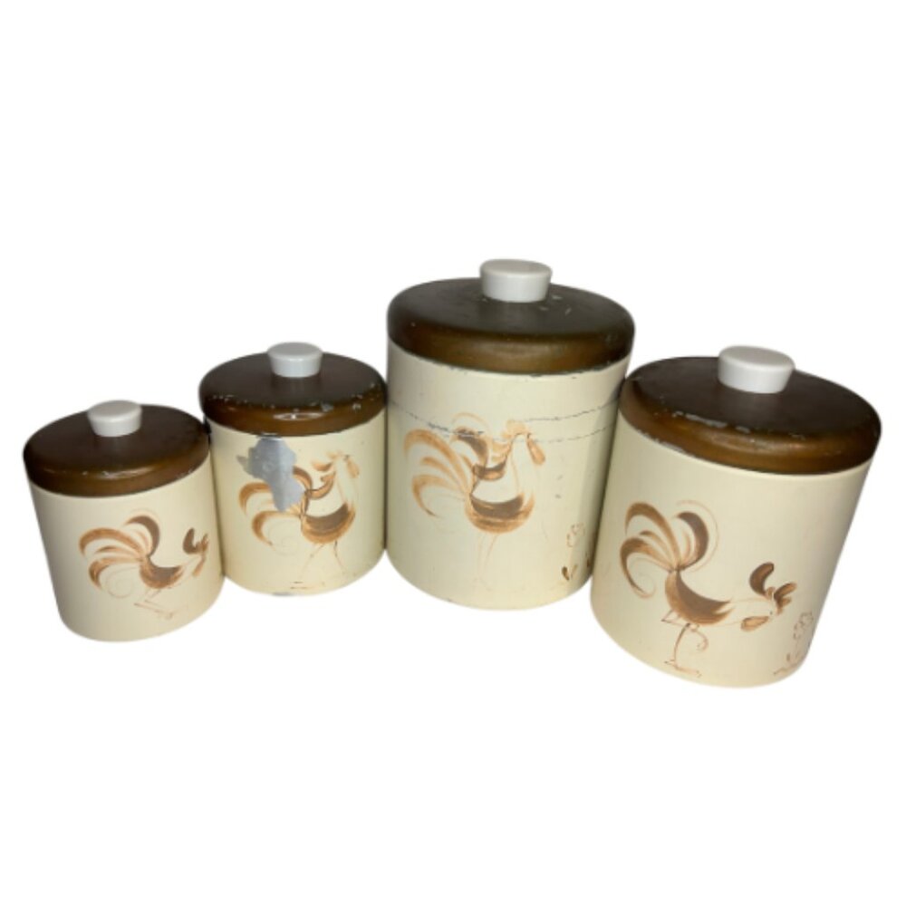 Set of Four Vintage Chicken Rooster Ransburg Indianapolis Canisters with Lids